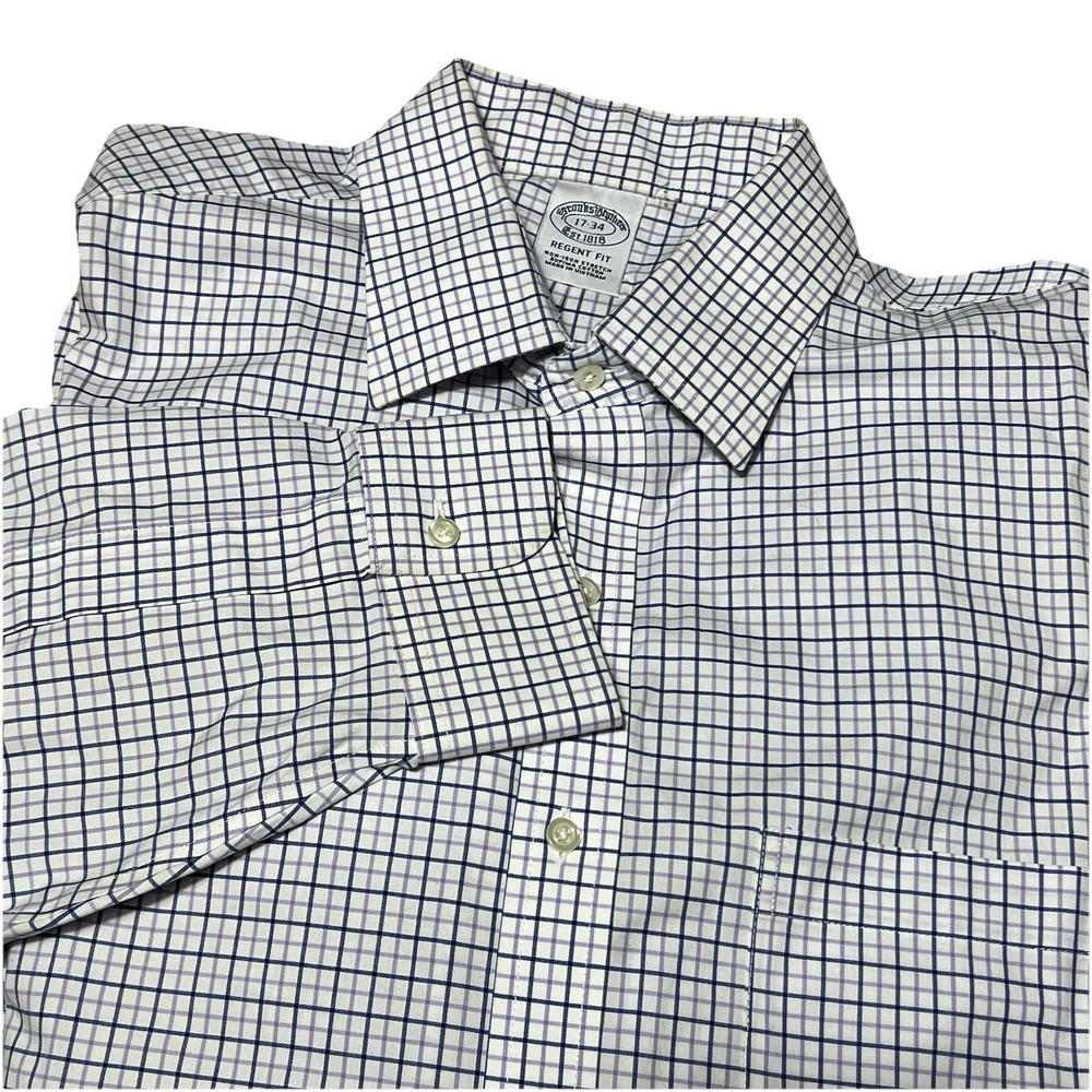 Brooks Brothers Men's White & Navy Windowpane Regent Fit Dress Shirt - 17/34